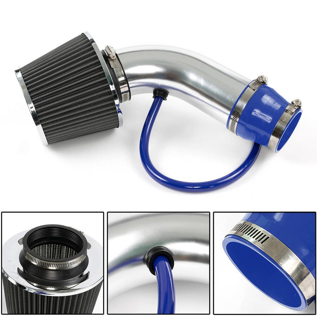 Cold air intake filter kit with black cone filter, chrome pipe, blue silicone hose and couplers