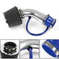 Cold air intake filter kit with black cone filter, chrome pipe, blue silicone hose and couplers