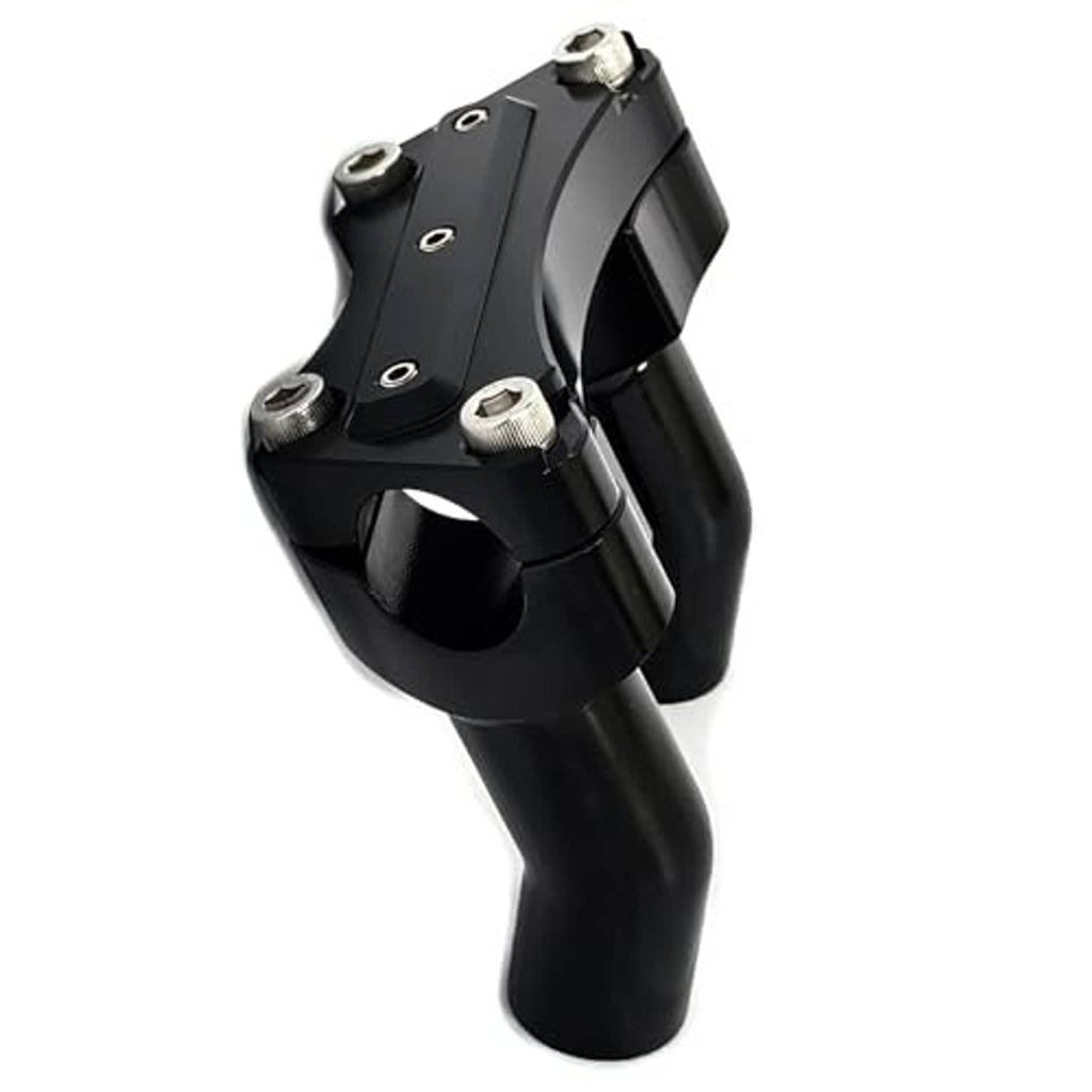 Black motorcycle handlebar riser assembly with top clamp and hardware, angled view