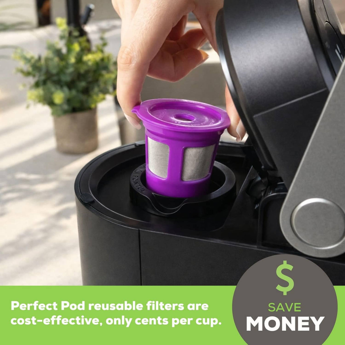 Purple reusable K-cup coffee filter cup seated in a coffee brewer