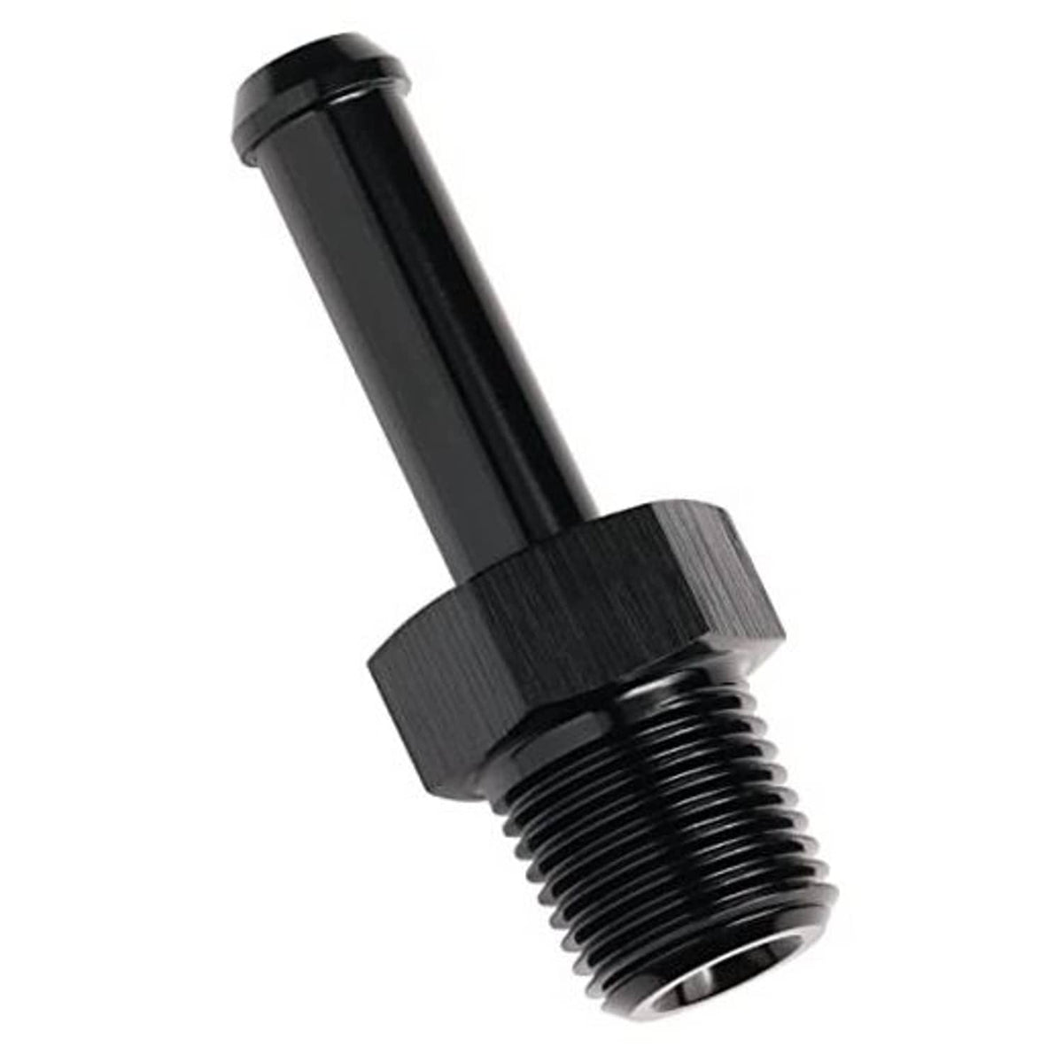 Black straight 1/8 NPT male to 1/4 hose barb fitting, barbed end visible