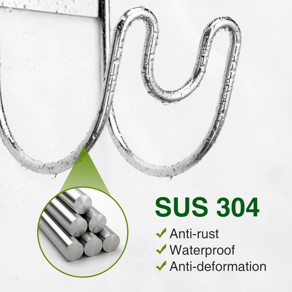 Close-up of silver hose holder hooks and wall-mount plate, chrome finish
