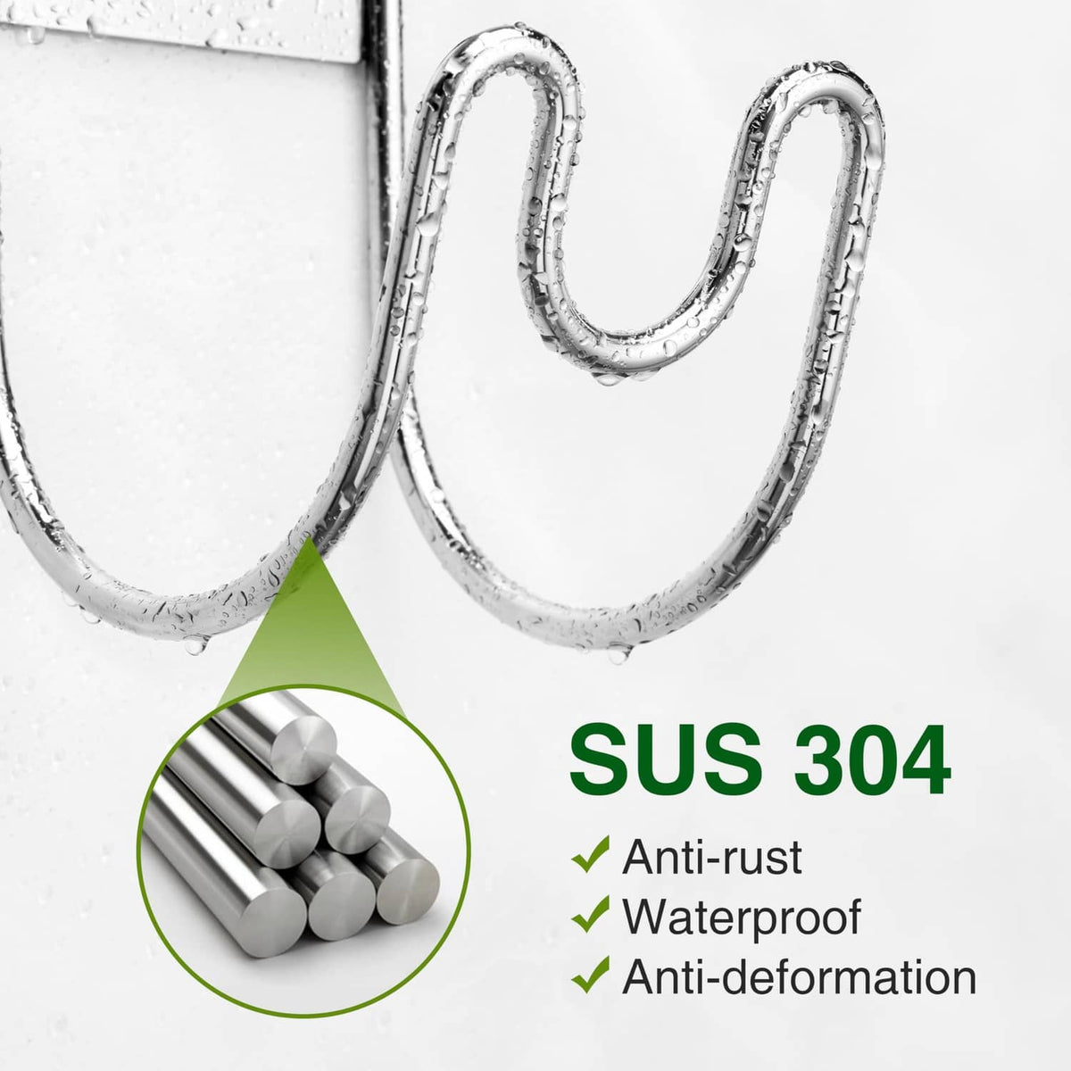 Close-up of silver hose holder hooks and wall-mount plate, chrome finish
