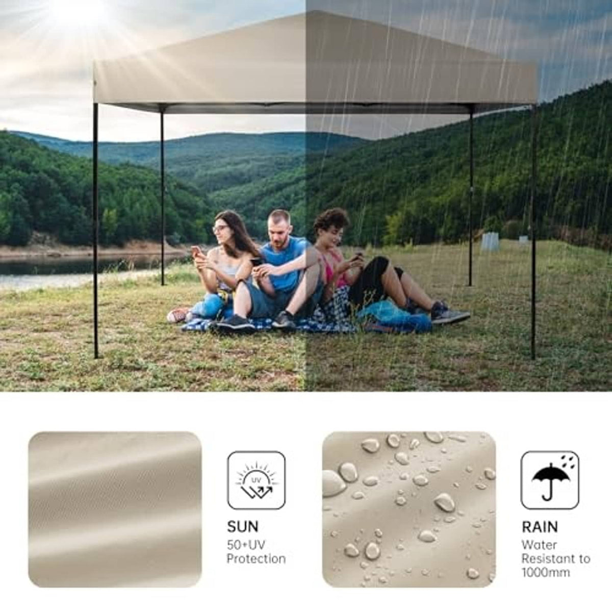 Beige pop-up canopy replacement top with sun and rain resistant fabric surface
