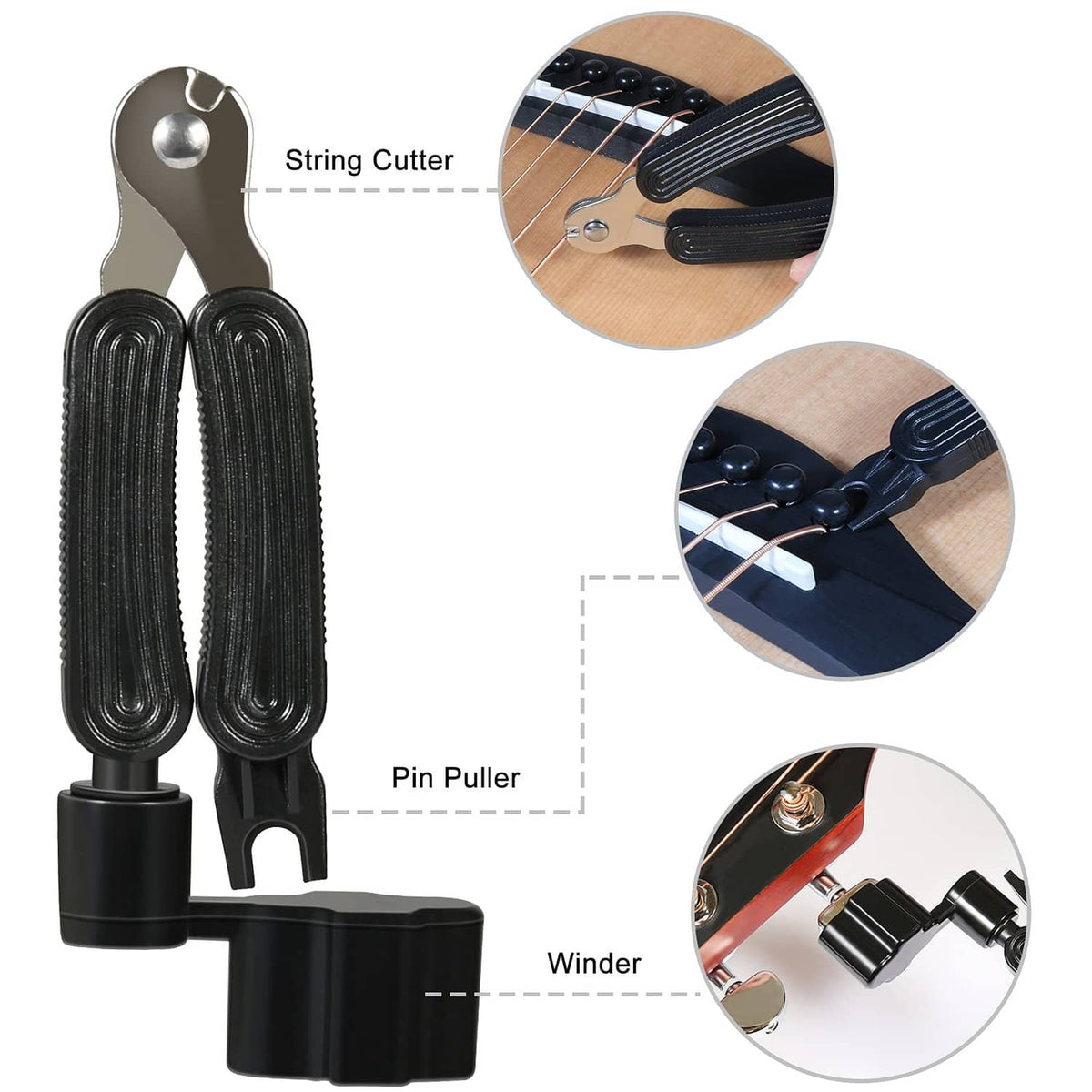 Black guitar tool set with string cutter, pin puller, and winder accessories