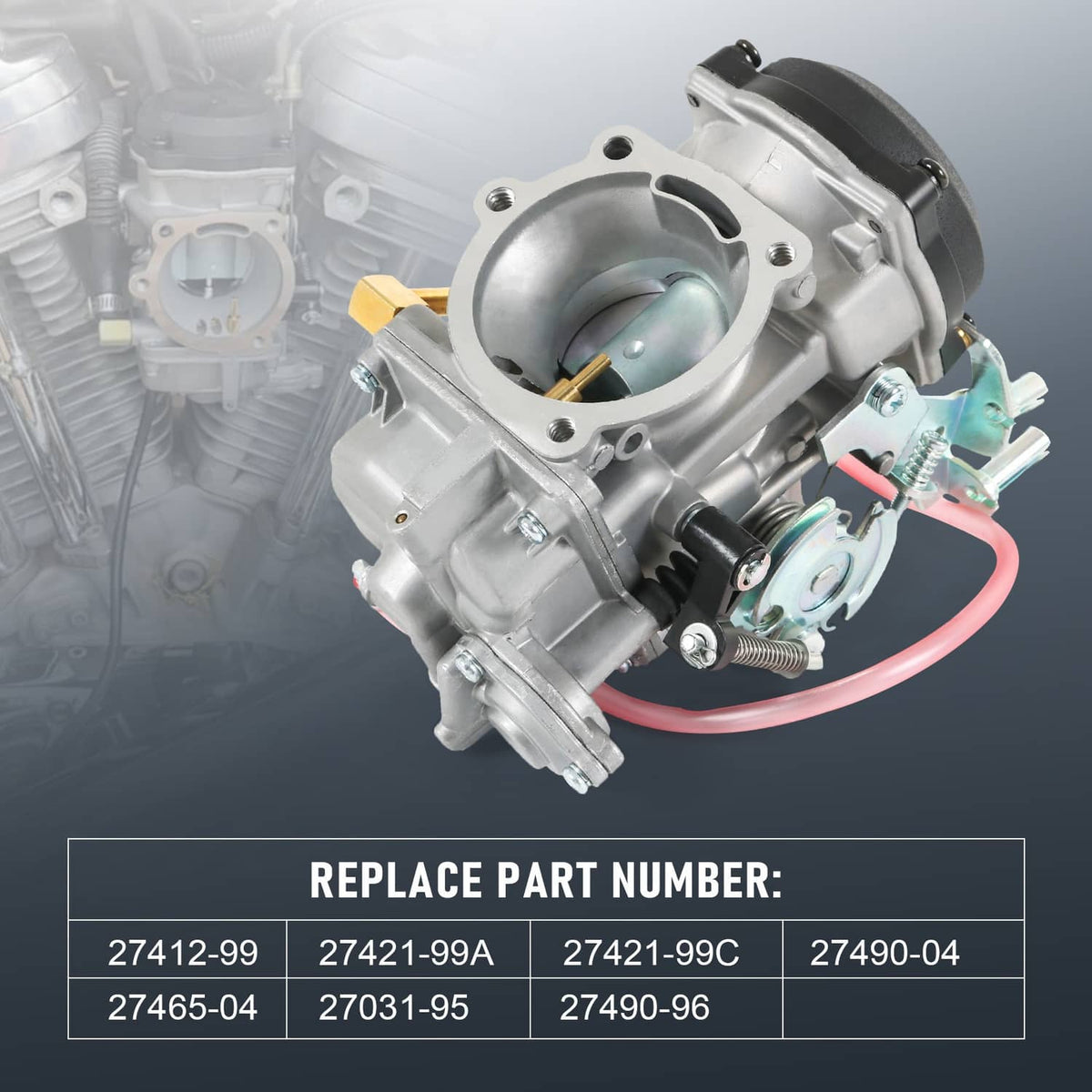 Carburetor intake assembly with red fuel line and mounting plate hardware