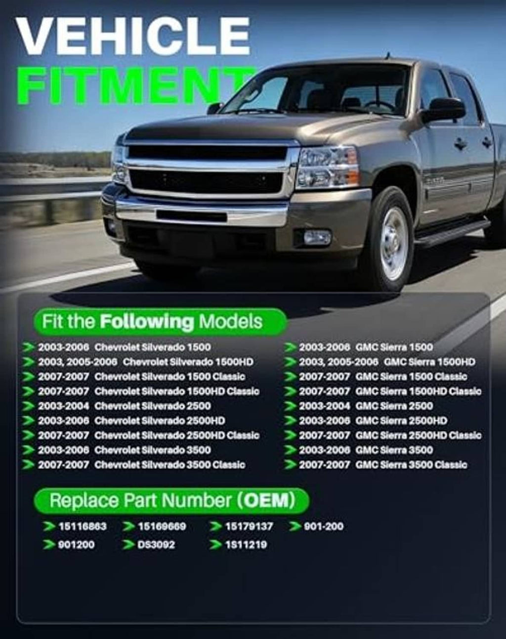 Vehicle fitment chart for heated seat switch, lists Chevrolet and GMC model years