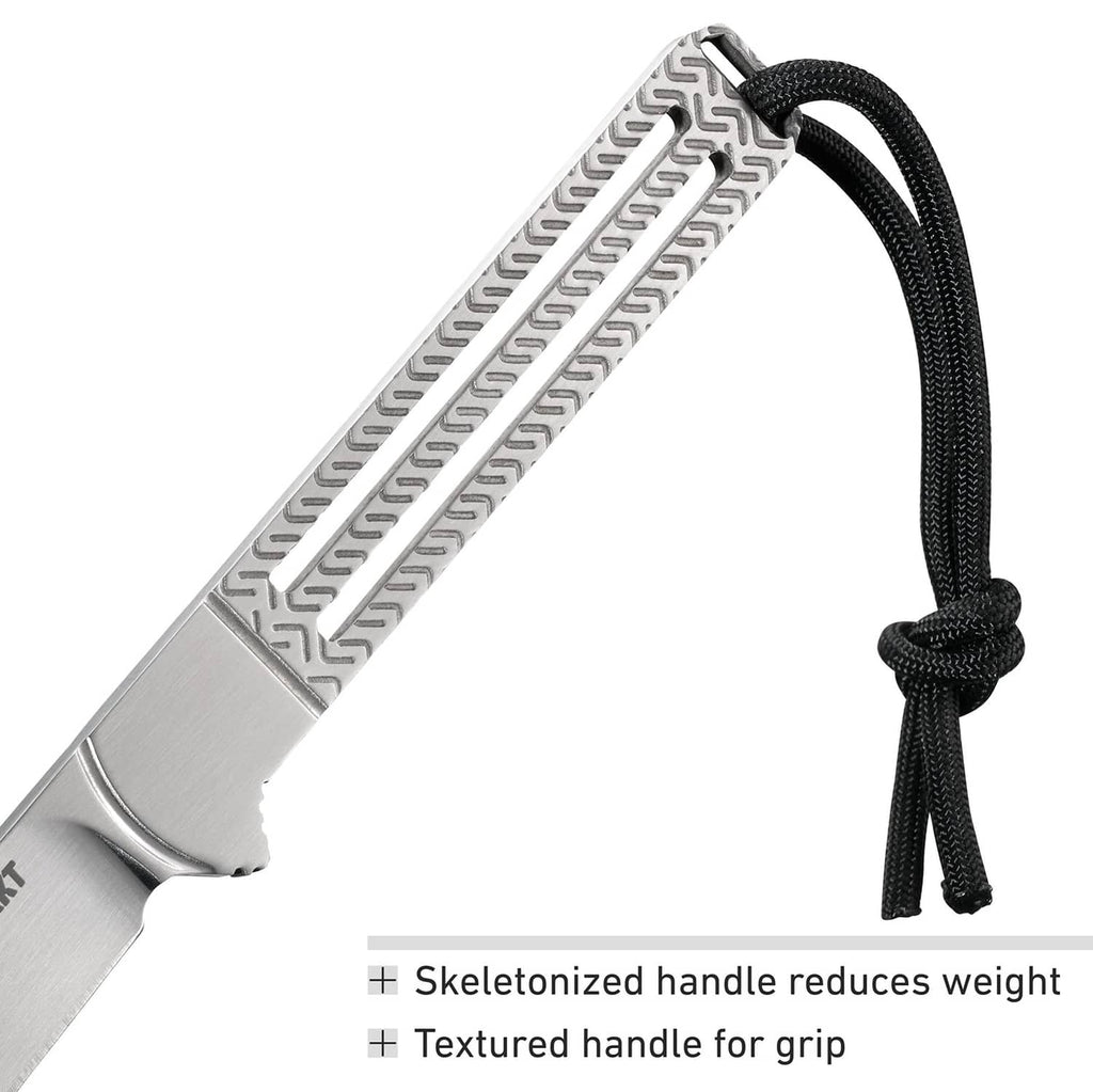 Fixed blade knife with skeletonized handle pattern and black cord lanyard