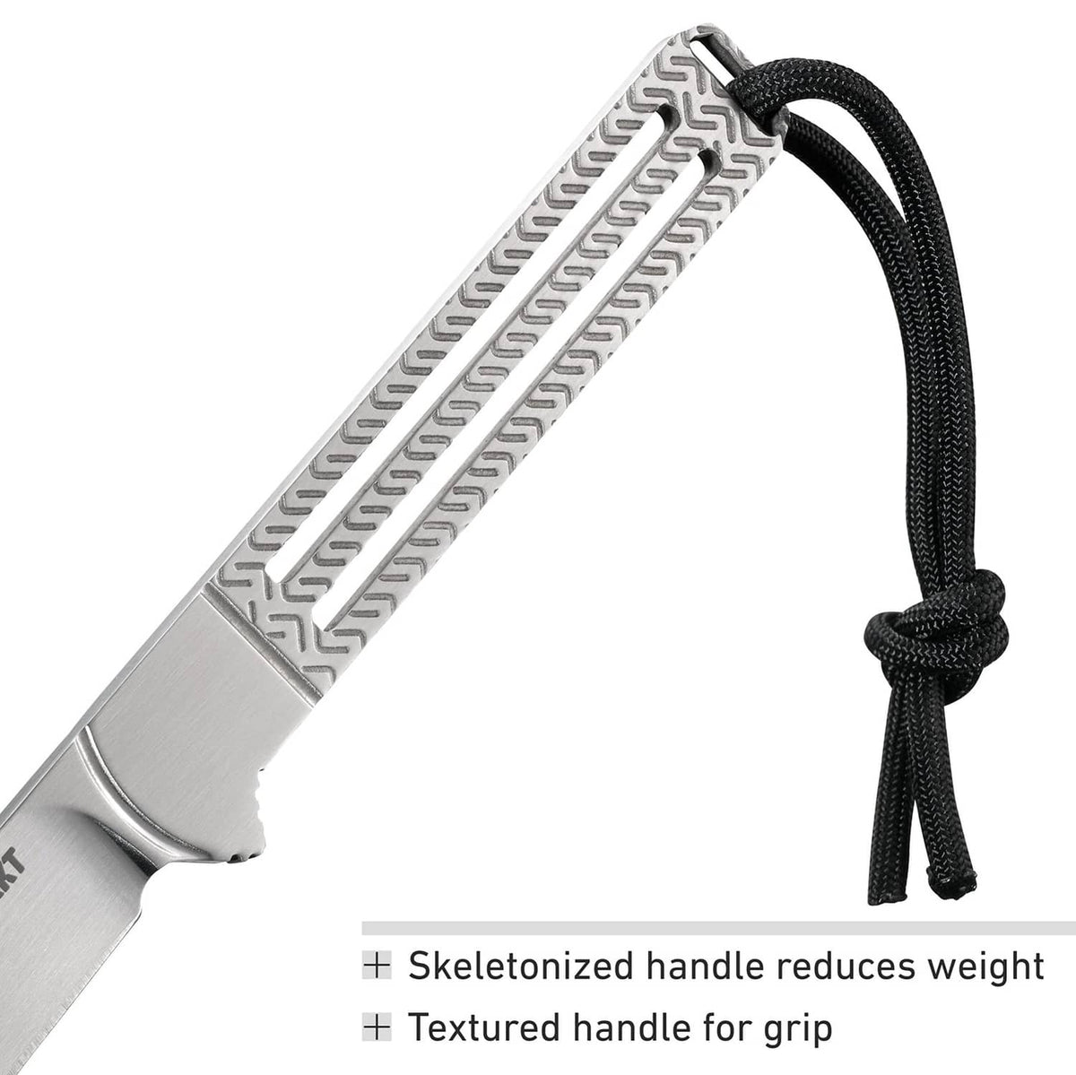 Fixed blade knife with skeletonized handle pattern and black cord lanyard