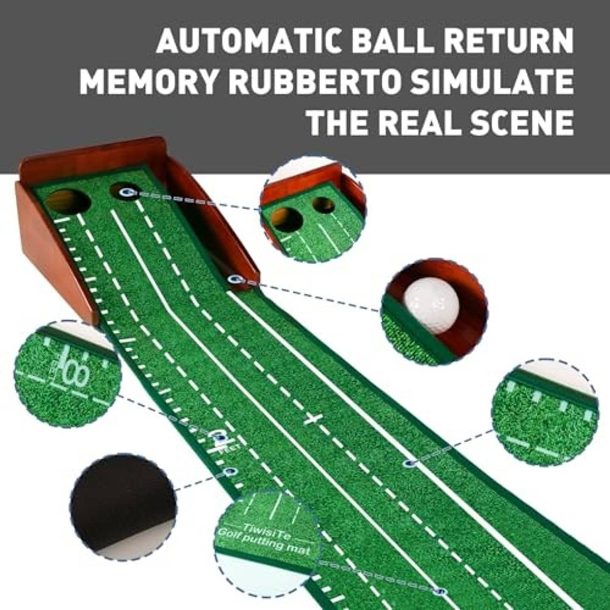 Green golf putting mat with wooden frame showing ball return lanes and target holes