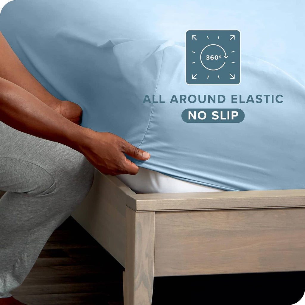 Light blue fitted sheet corner with all-around elastic fit