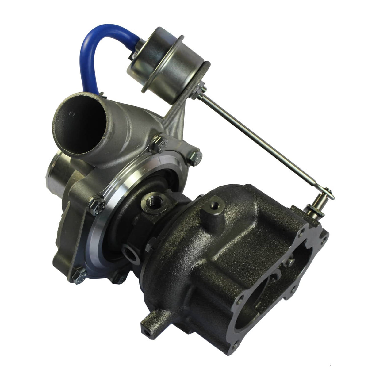 Turbocharger with blue hose, compressor and turbine housings, and support rod