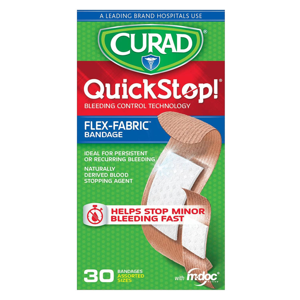 Curad QuickStop flex-fabric bandage box, illustrated bandage for minor bleeding