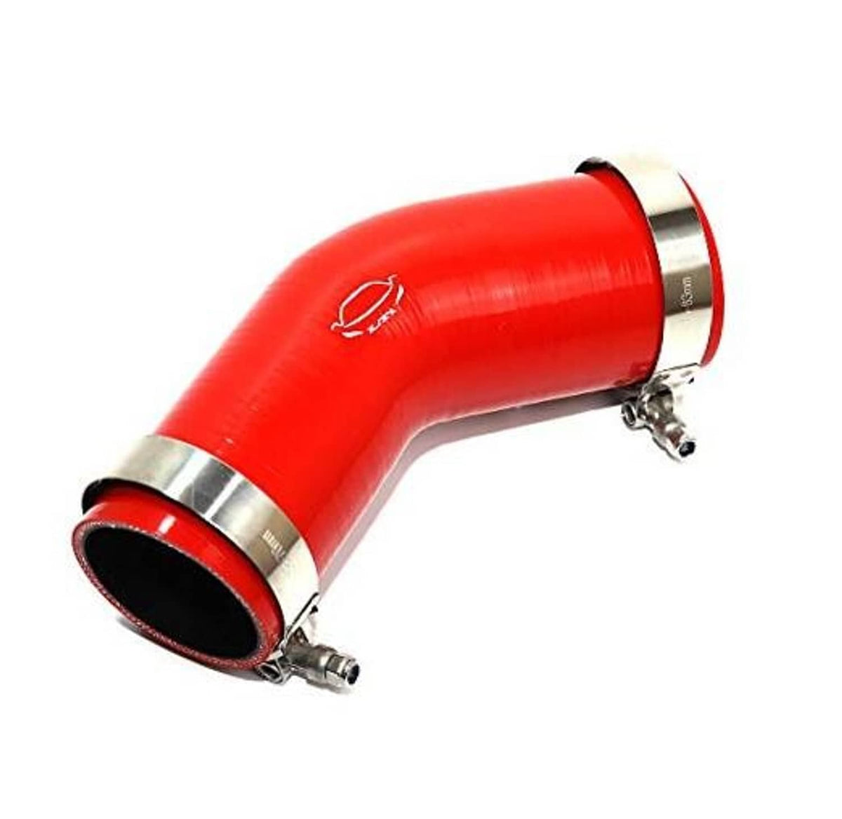 Red 45-degree silicone elbow reducer coupler with metal hose clamps