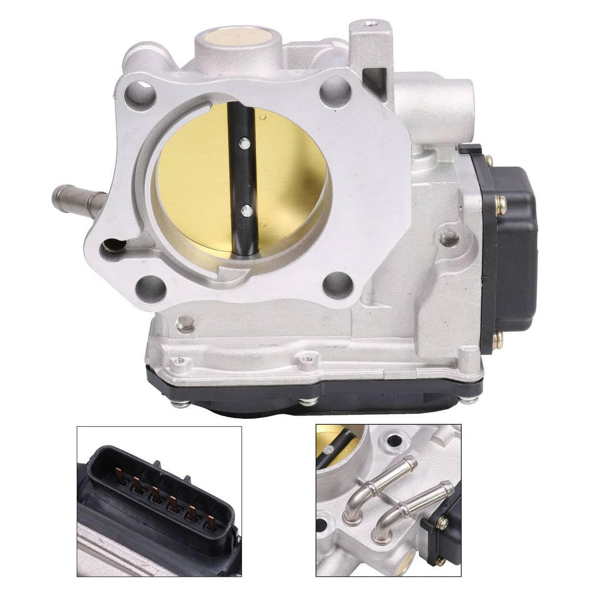 Electronic throttle body with silver housing, gold bore, black electrical connector, inlet port