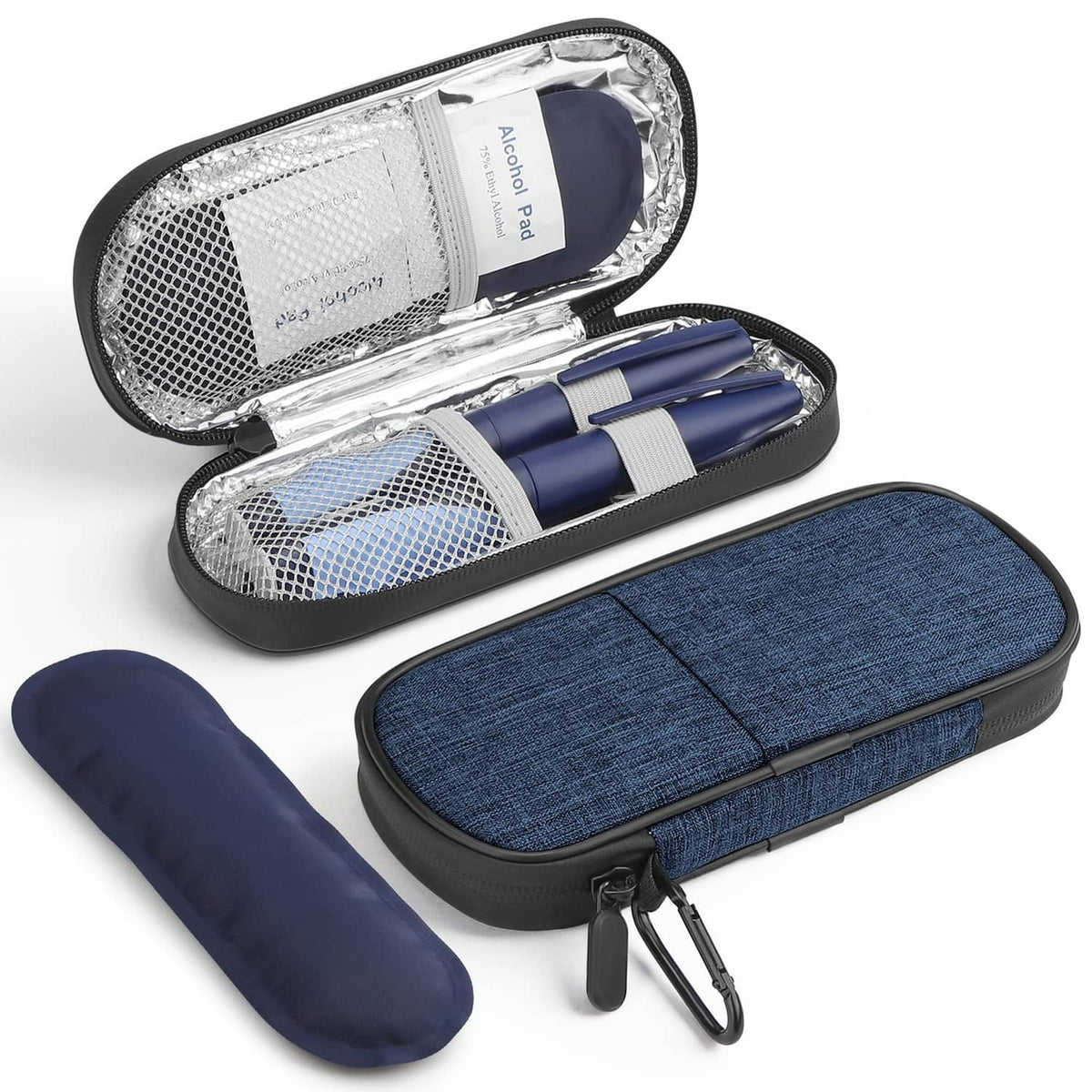 Indigo insulin pen cooler travel case with zipper, blue compartments, foil-lined storage