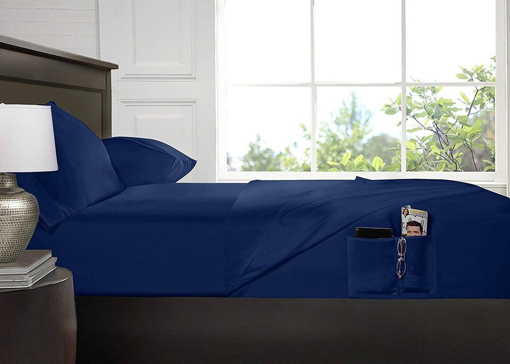 Navy queen brushed microfiber sheet set with matching pillowcases.