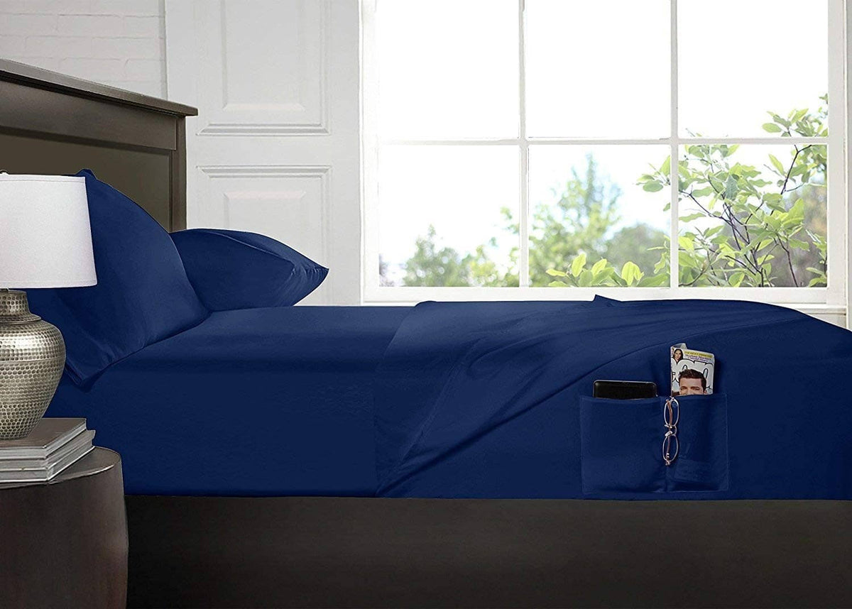 Navy queen brushed microfiber sheet set with matching pillowcases.