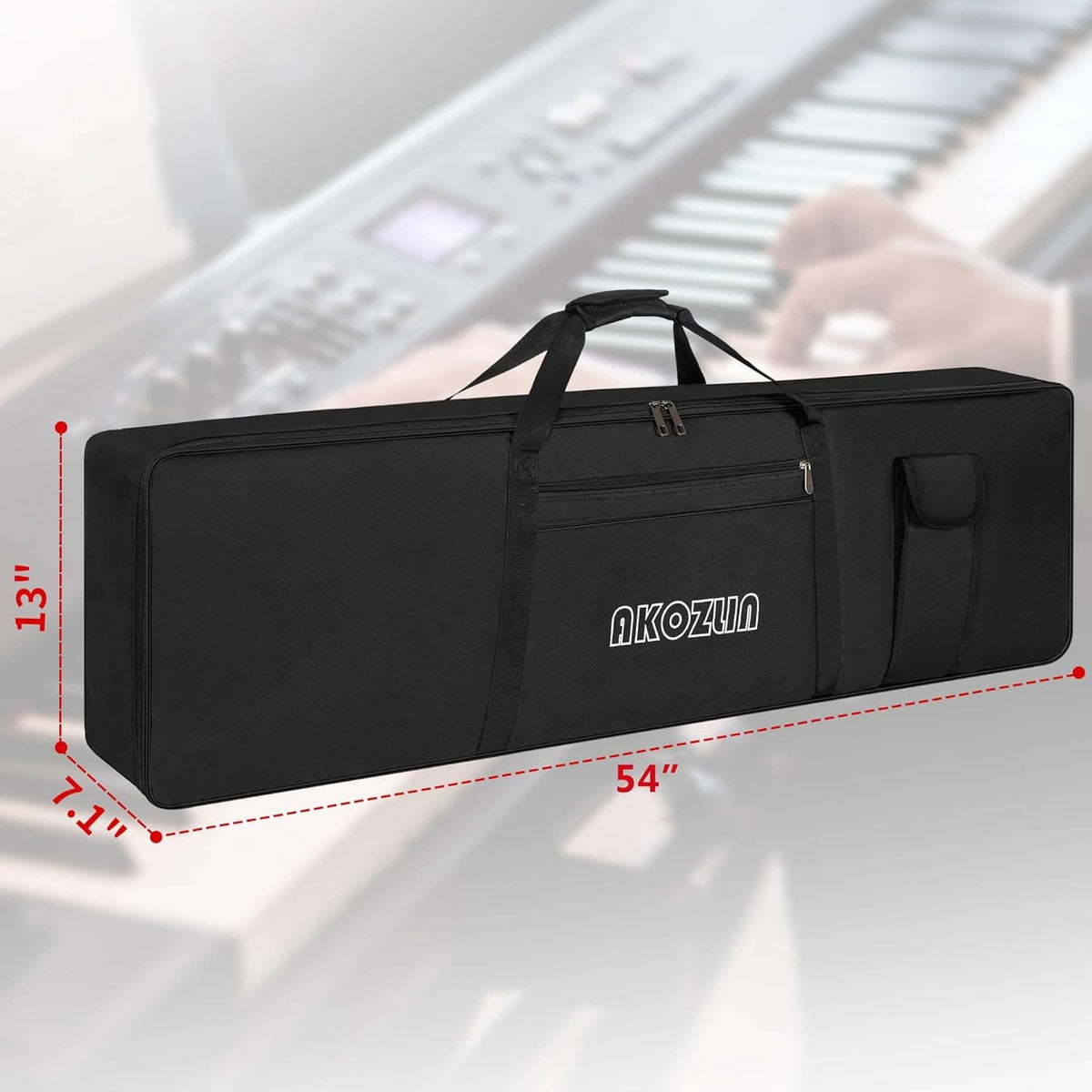Black padded 88-key keyboard case with carry handle and front zip pocket, AKOZUN logo