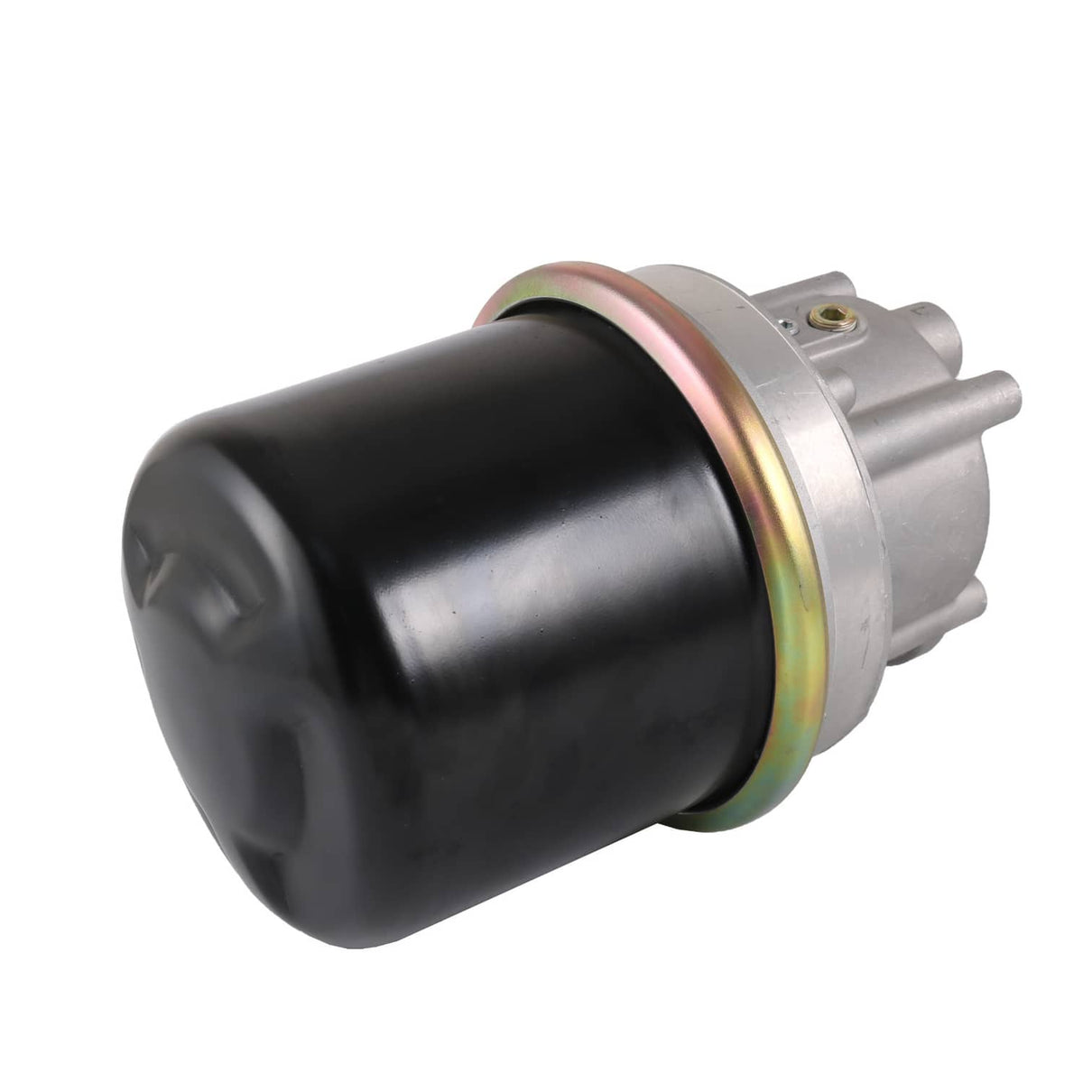 Air dryer valve assembly with black cylindrical body and silver metal end housing