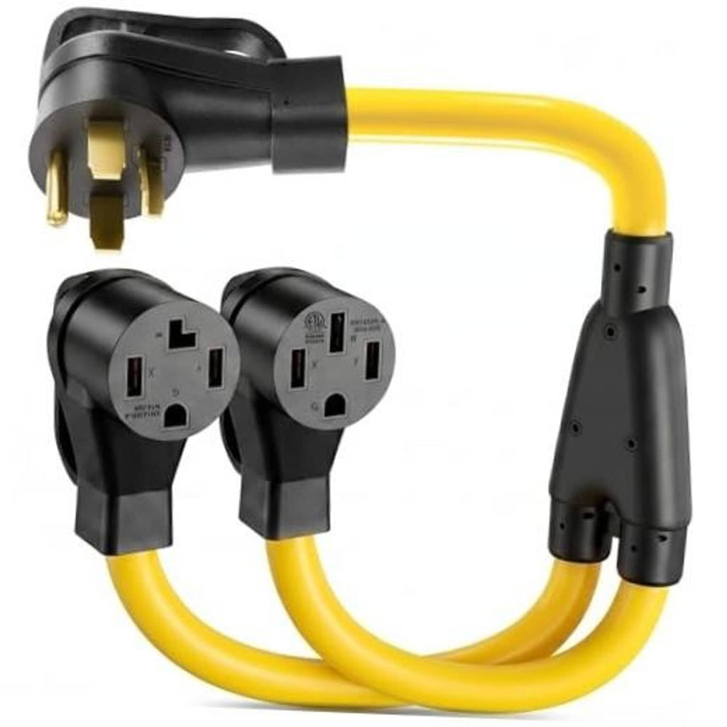 Black and yellow power cord splitter with two plug adapters and molded connector heads