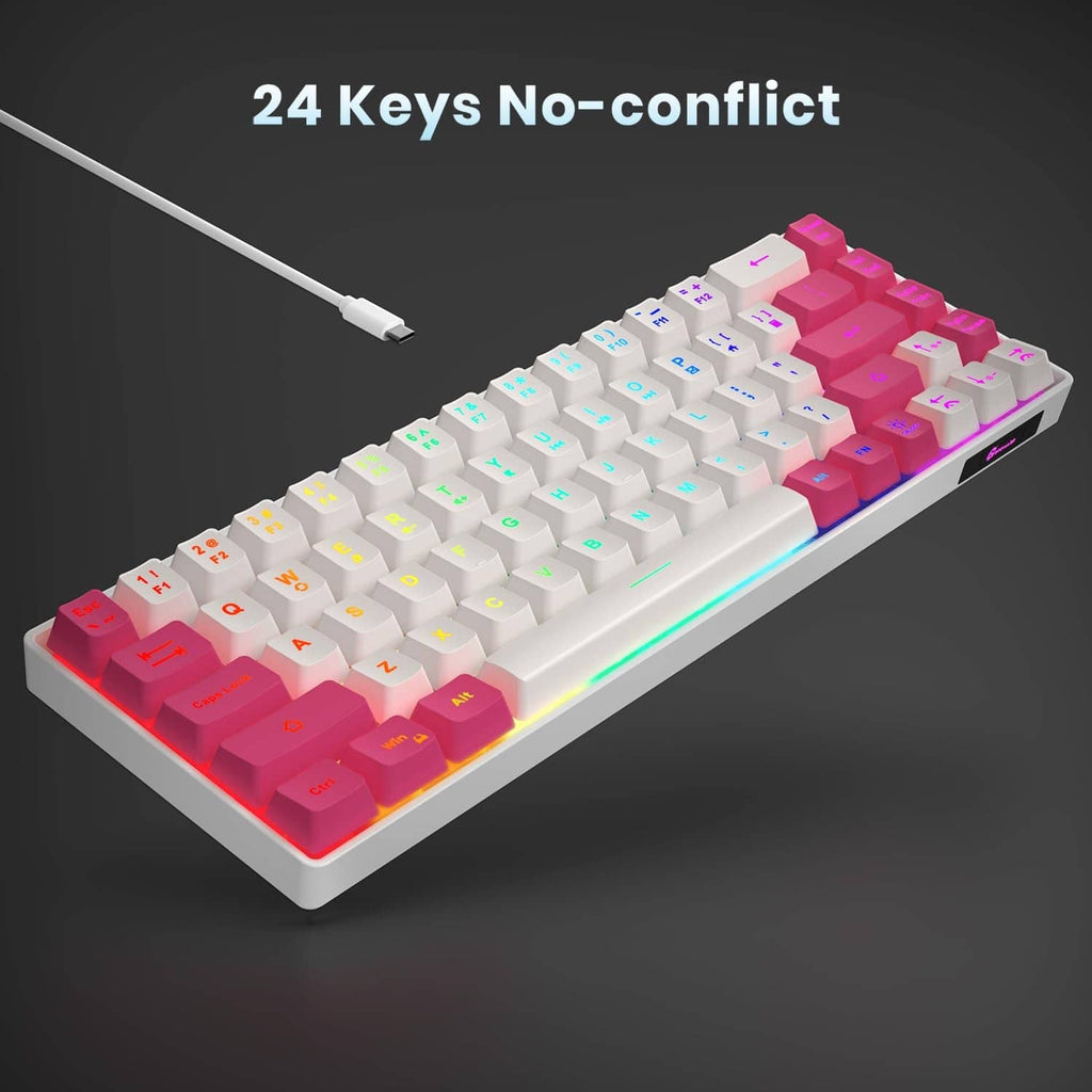 Mini wired gaming keyboard with white and pink keycaps, colorful RGB backlighting
