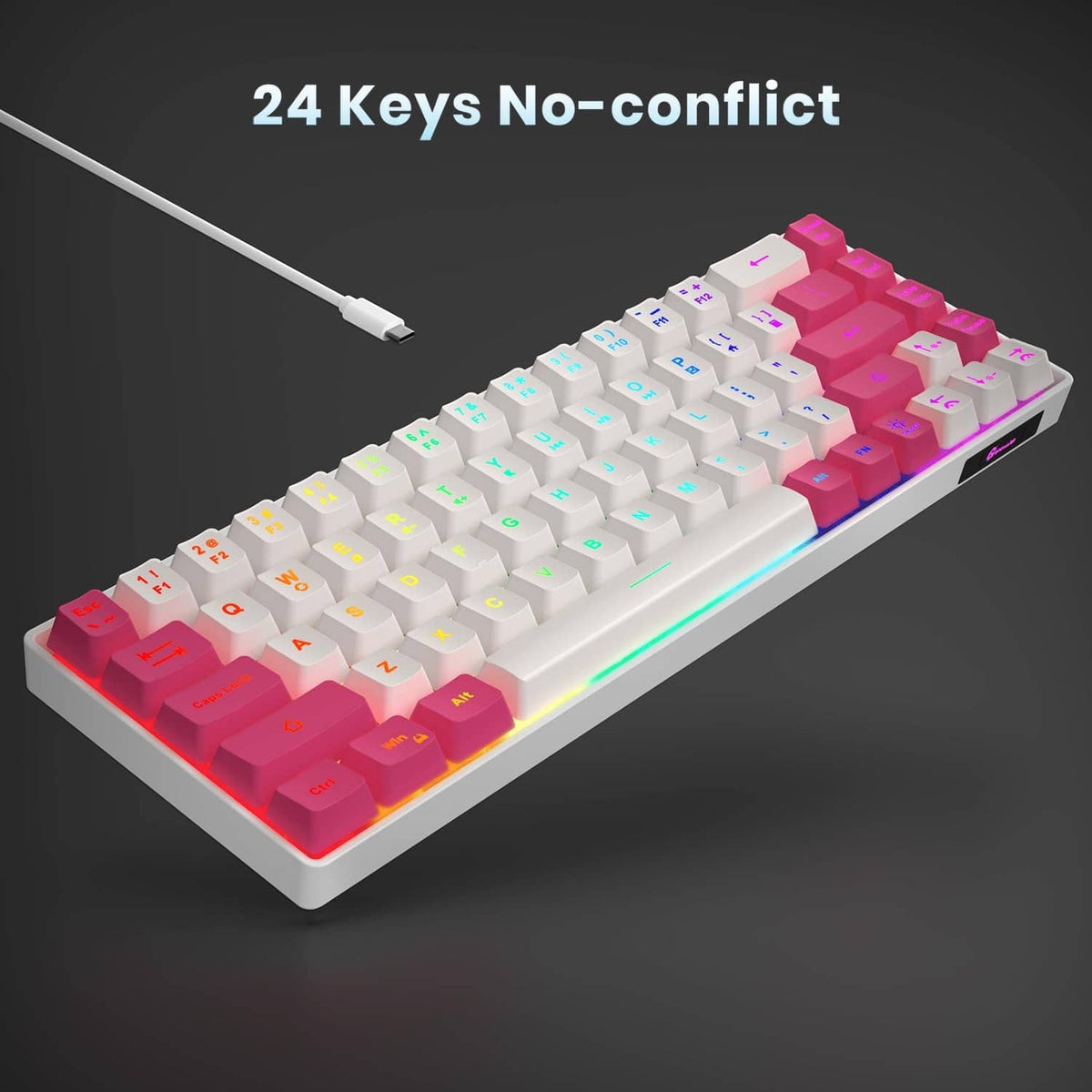 Mini wired gaming keyboard with white and pink keycaps, colorful RGB backlighting