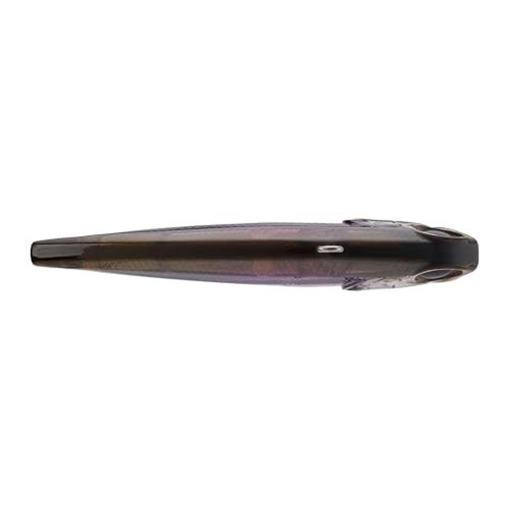 Fishing lure side view with dark top, purple sheen, and silver body