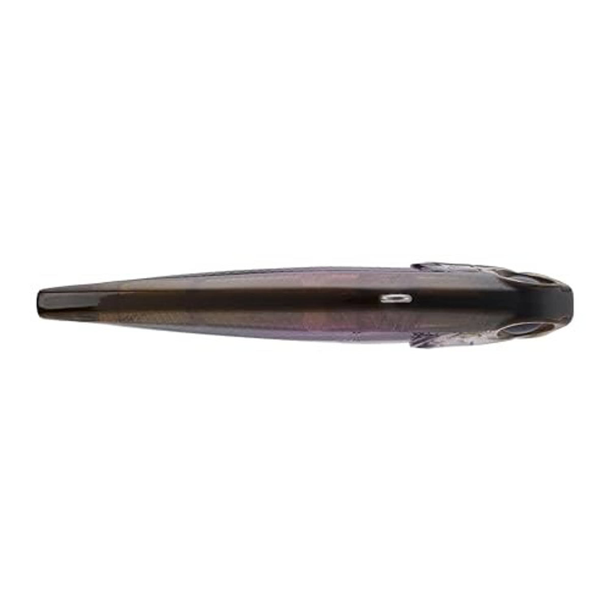 Fishing lure side view with dark top, purple sheen, and silver body