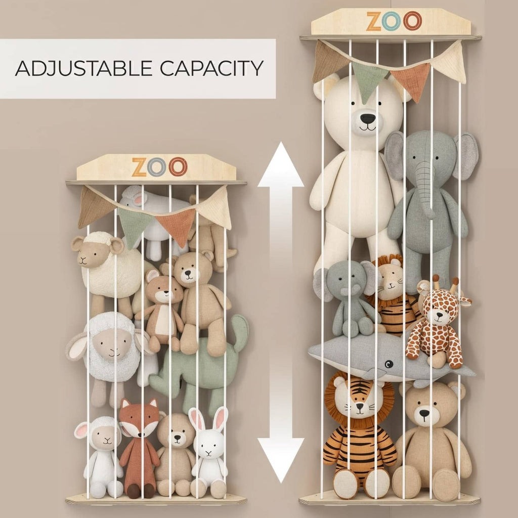 Corner stuffed animal storage in natural wood with adjustable rope net spacing for plush toys