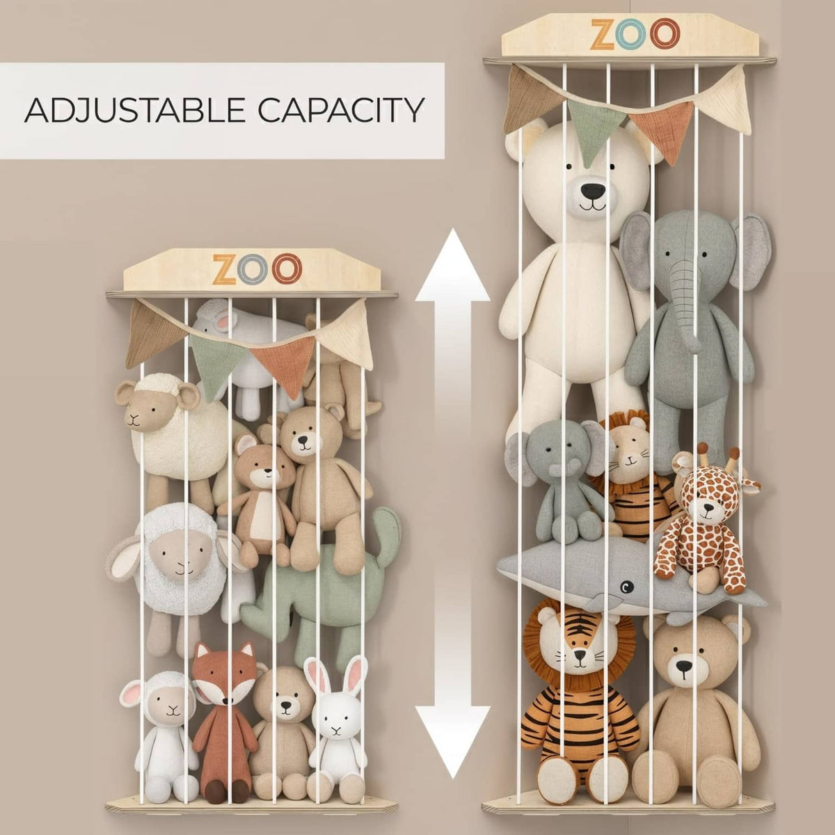 Corner stuffed animal storage in natural wood with adjustable rope net spacing for plush toys