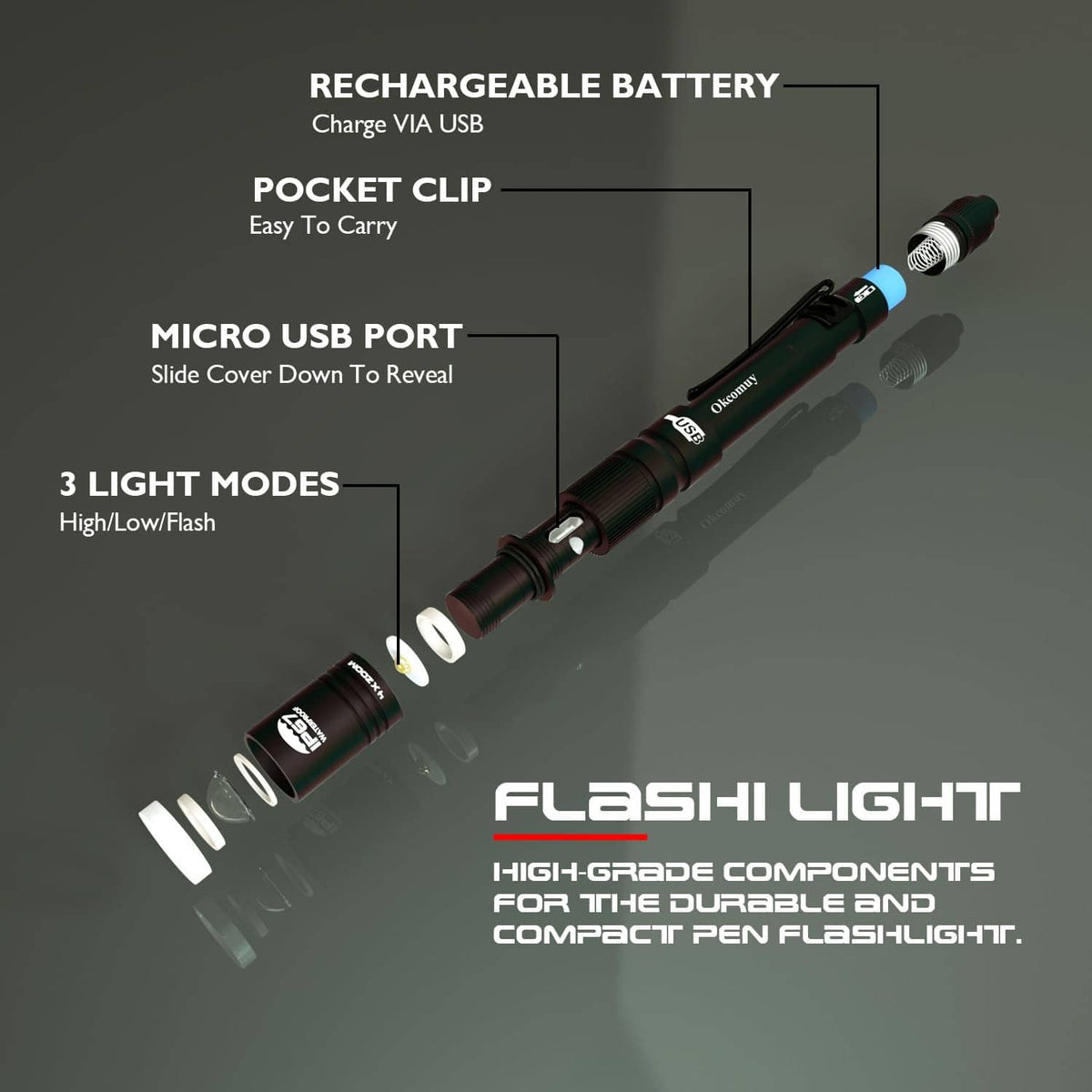 Okcomuy black rechargeable pocket pen light with pocket clip and multi-mode buttons