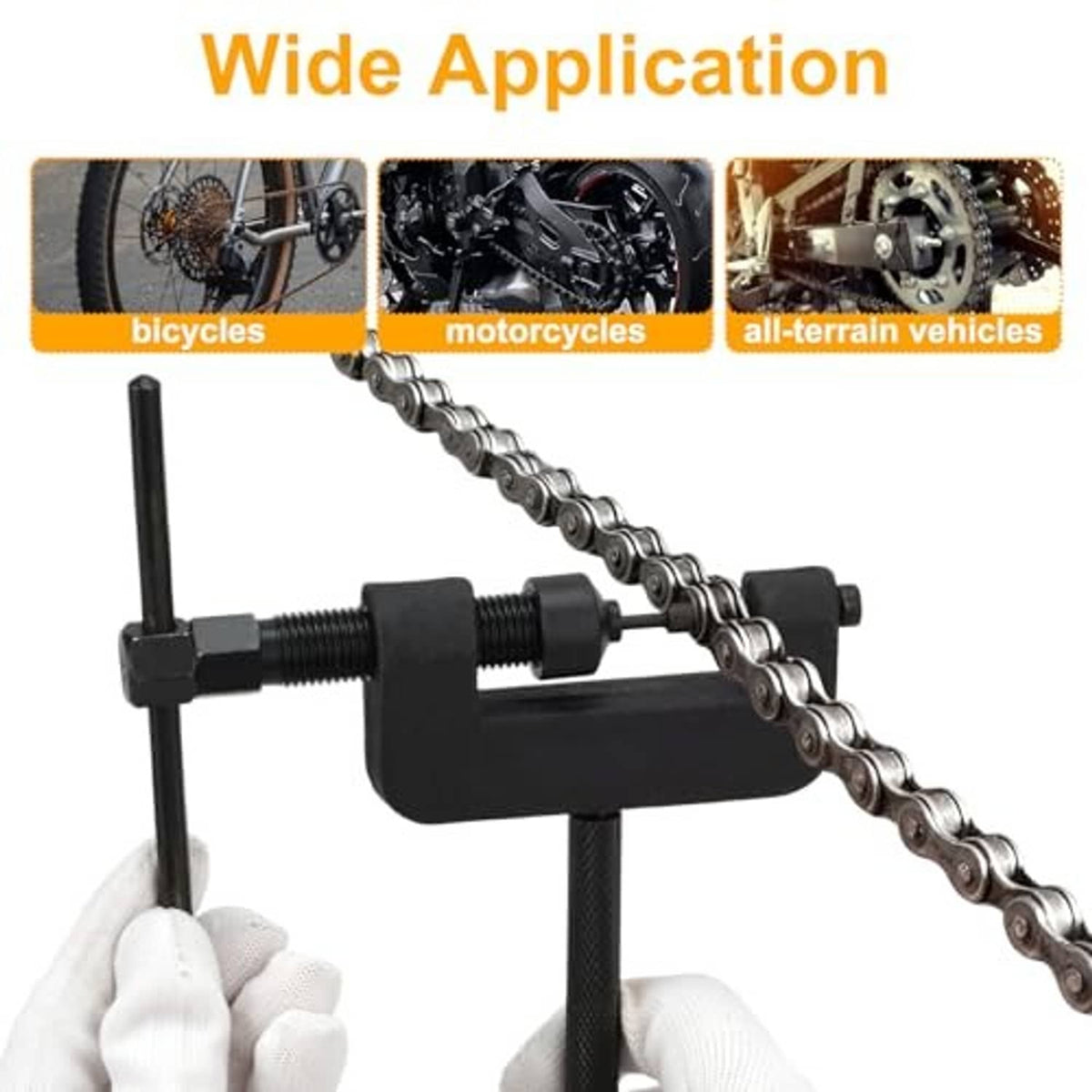 Motorcycle chain breaker tool with black press frame and threaded pin for chain links