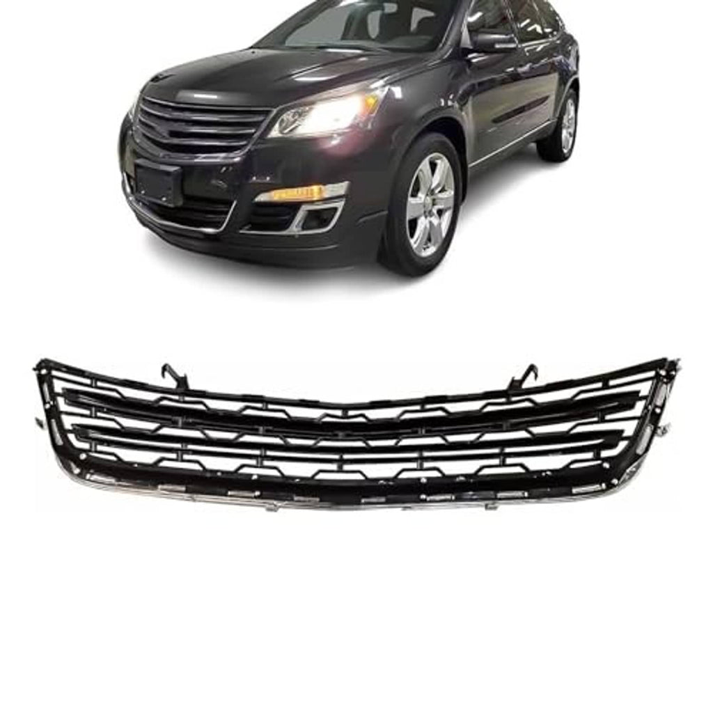 Front bumper lower grille: black horizontal slats with chrome frame, grille assembly