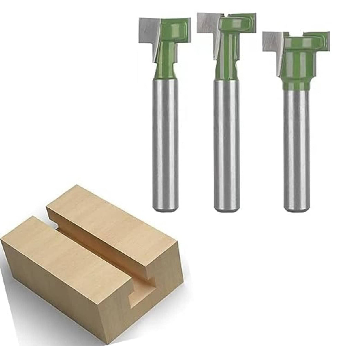 Keyhole router bits with green heads and silver shanks, with a grooved wood test block