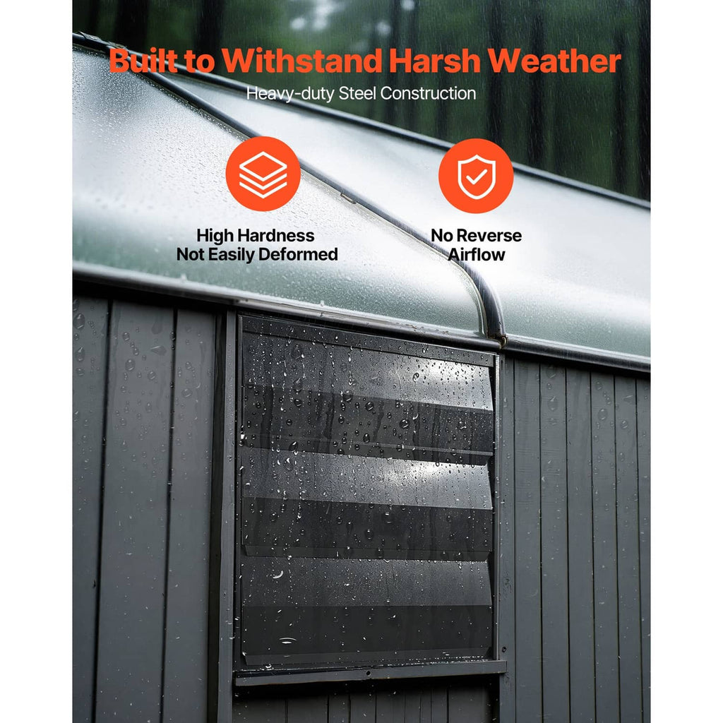 Exterior wall-mounted shutter exhaust fan with rain-shedding steel frame