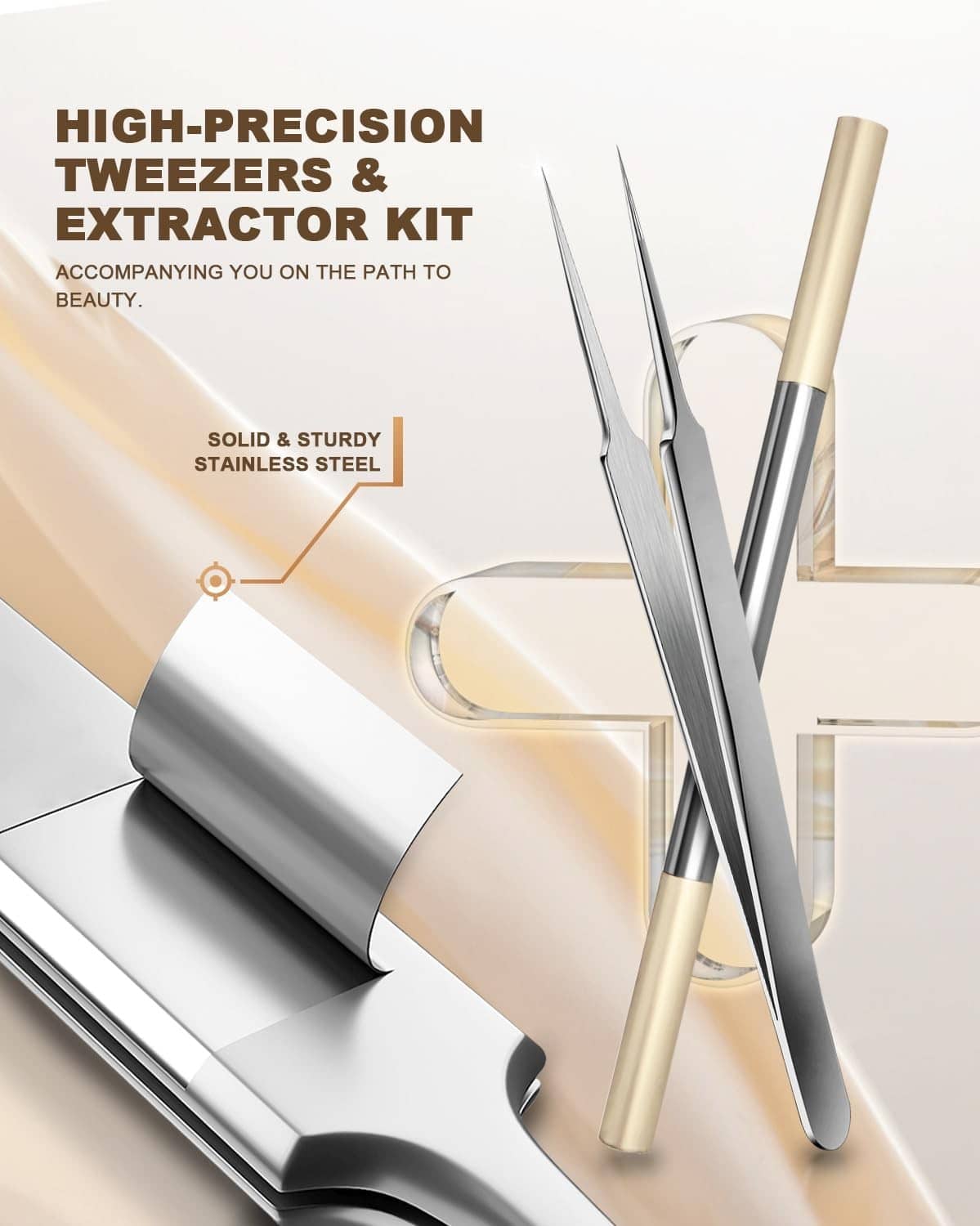 Stainless steel tweezers and facial extractor tools in a gold-trim kit sleeve