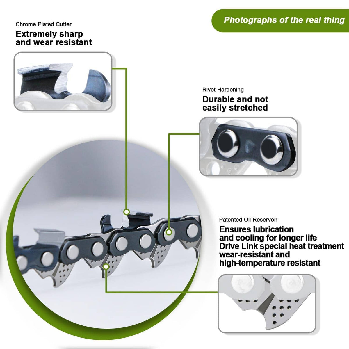 Replacement saw chain strength and design feature diagram with blue components and rivets