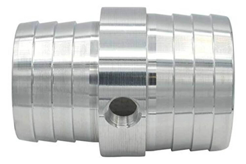Close side view of stainless radiator hose barb coupler with 1/8" NPT port cutout.