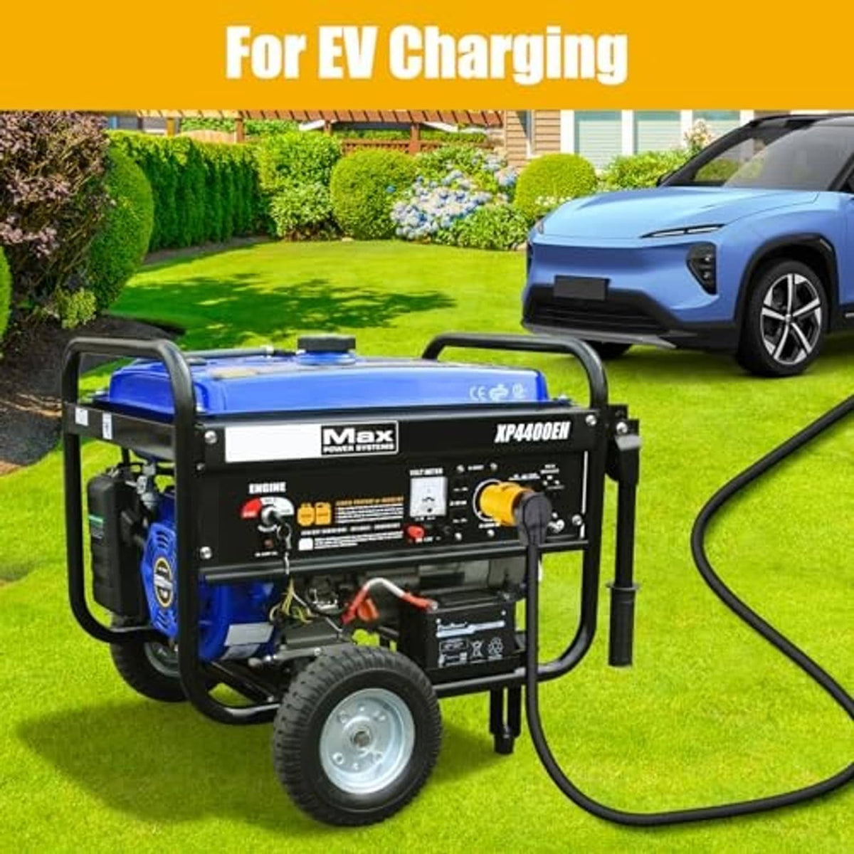 Generator adapter plug connected for EV charging to a portable power setup