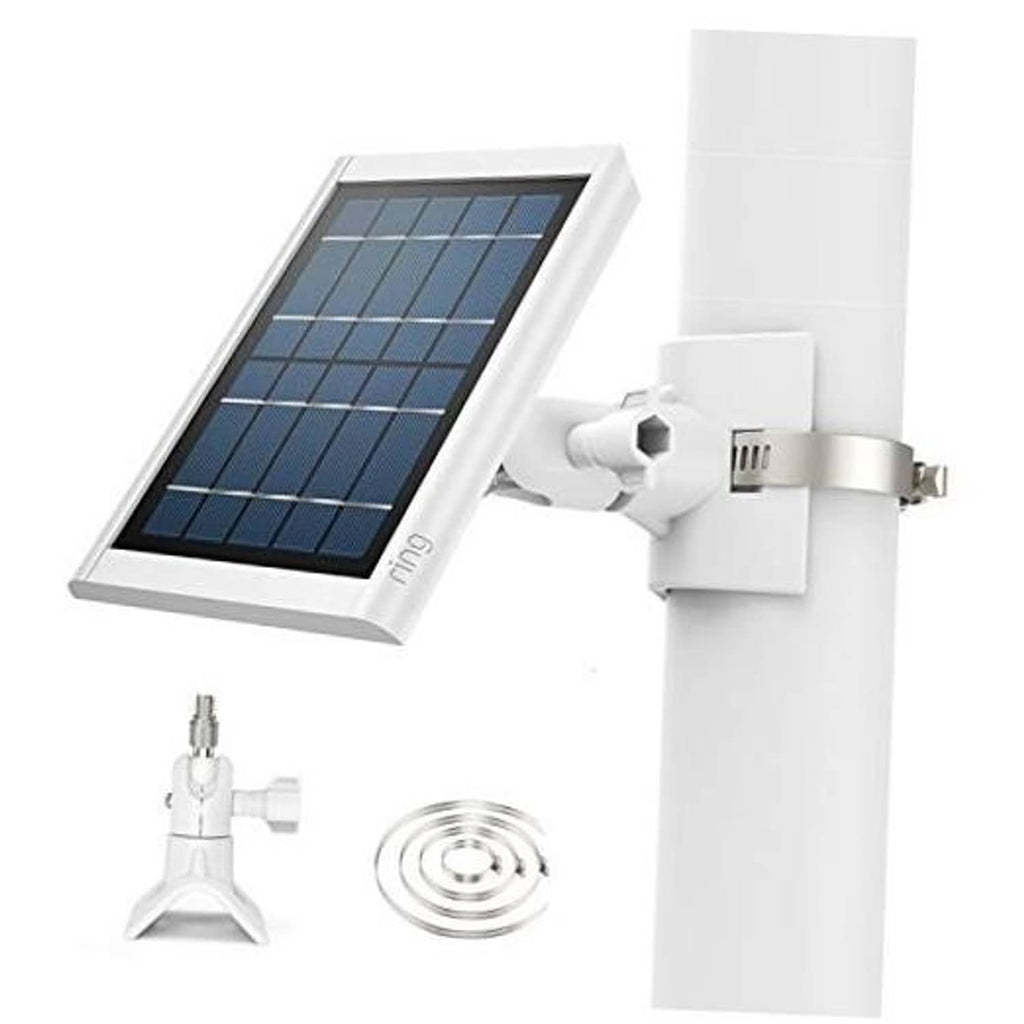 White universal solar panel mount with solar panel, adjustable bracket, and mounting kit
