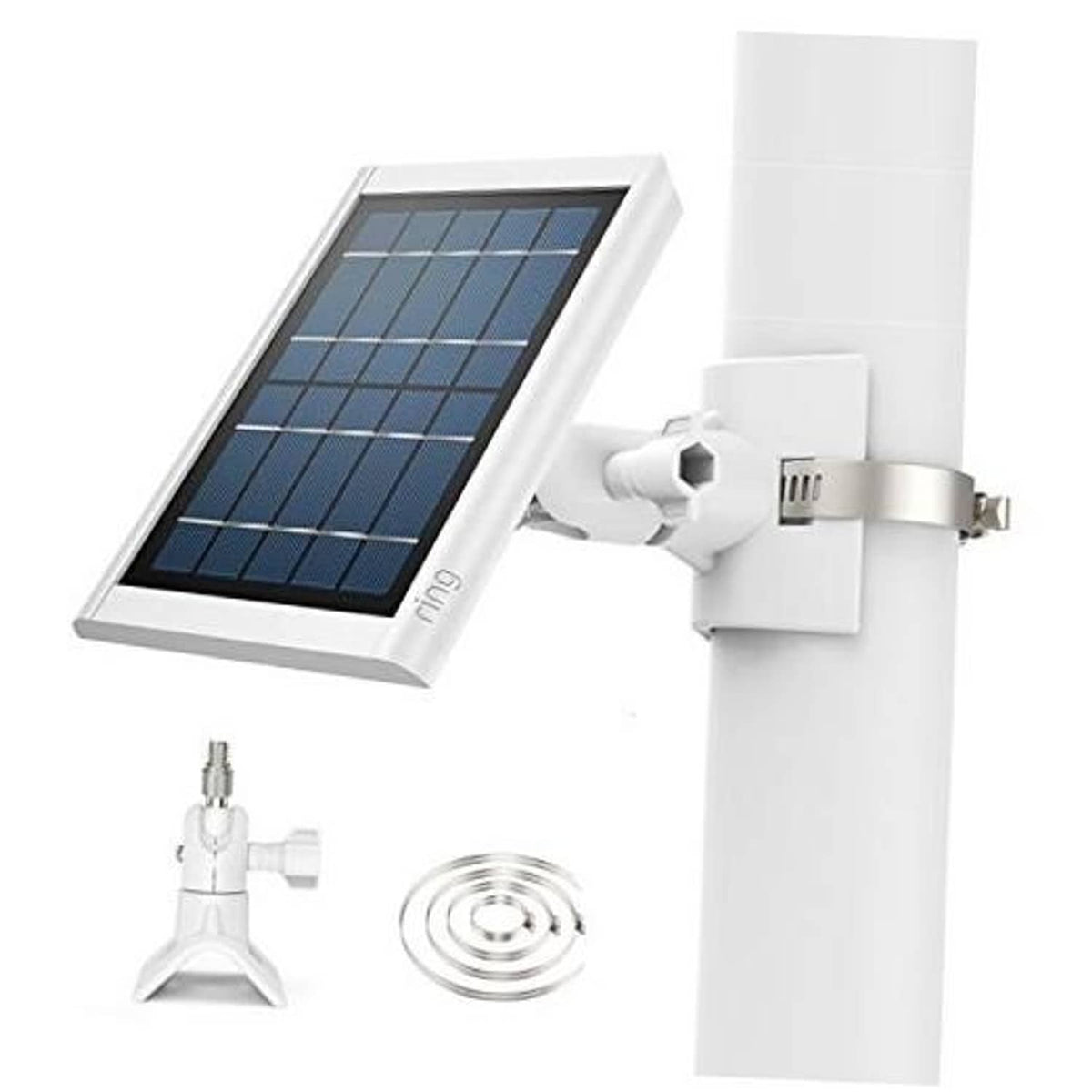 White universal solar panel mount with solar panel, adjustable bracket, and mounting kit