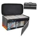 Black fireproof CD storage box with clear window, open lid showing CD jewel cases.