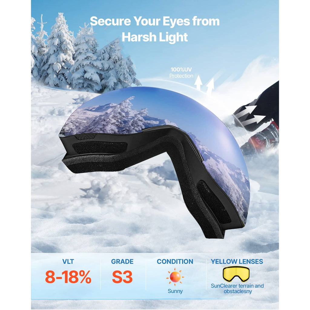 Blue mirrored ski goggles with black frame and wide visor-style lens