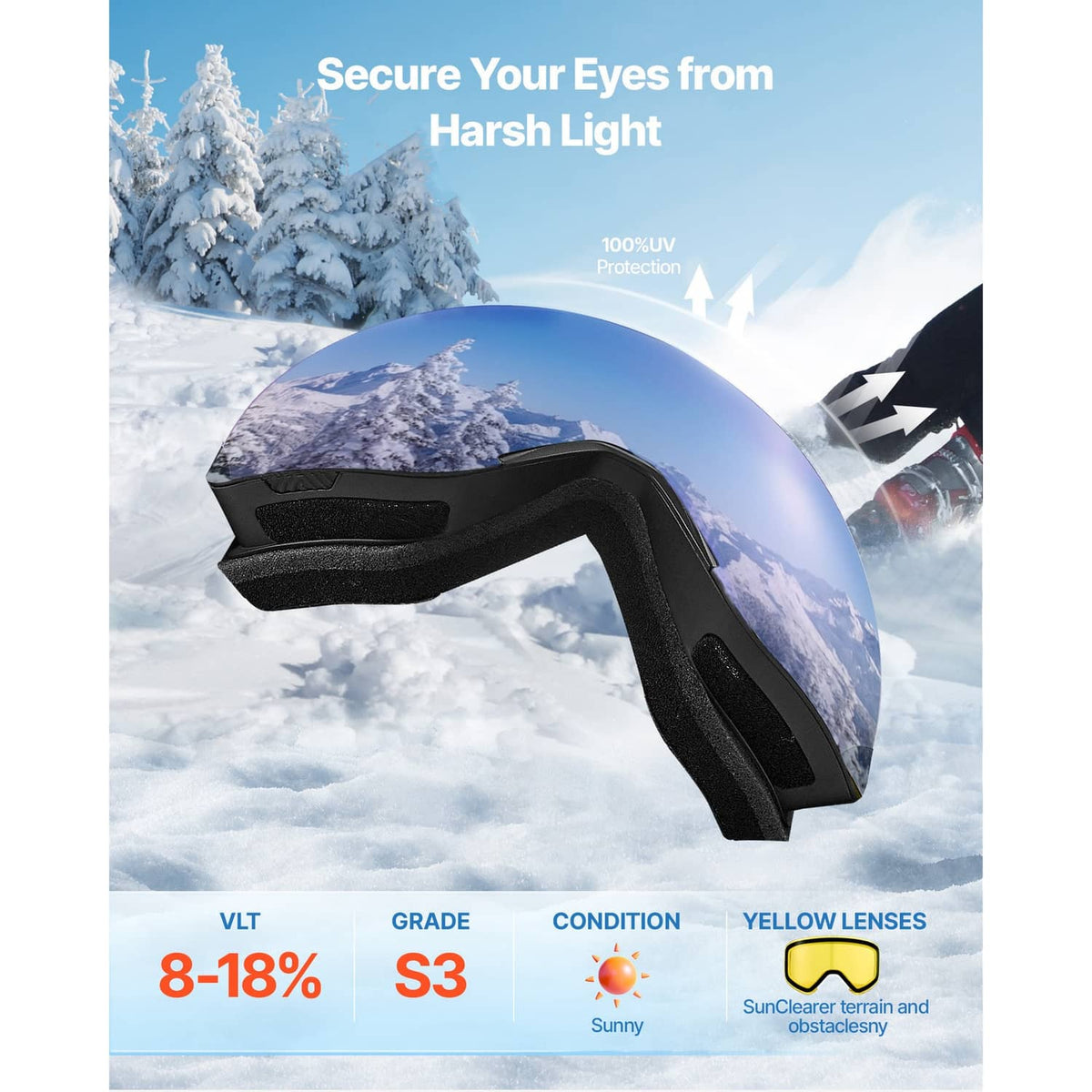 Blue mirrored ski goggles with black frame and wide visor-style lens
