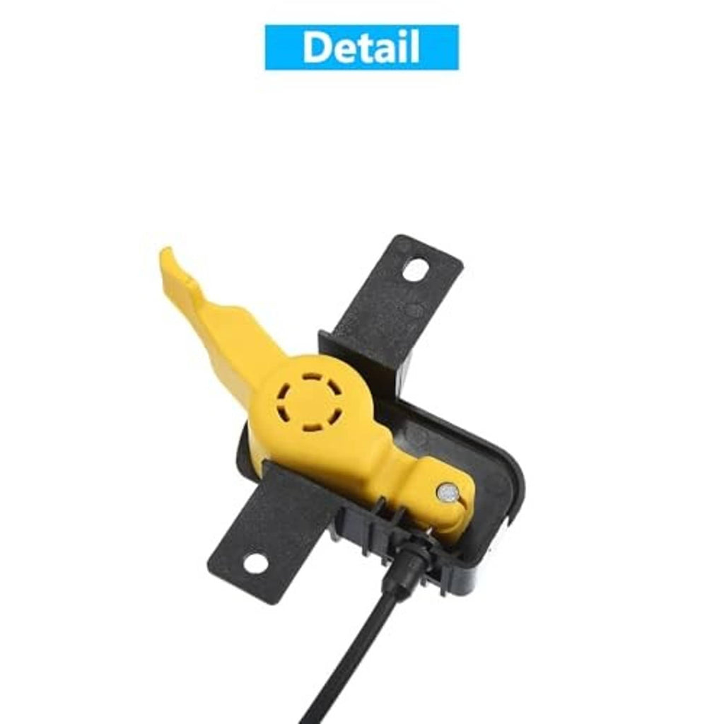 Engine hood release cable latch detail: yellow handle, black housing, metal mounting plates