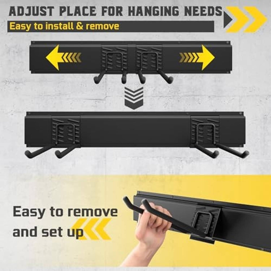Adjustable garage tool wall organizer rail with removable hook hooks shown in close-up
