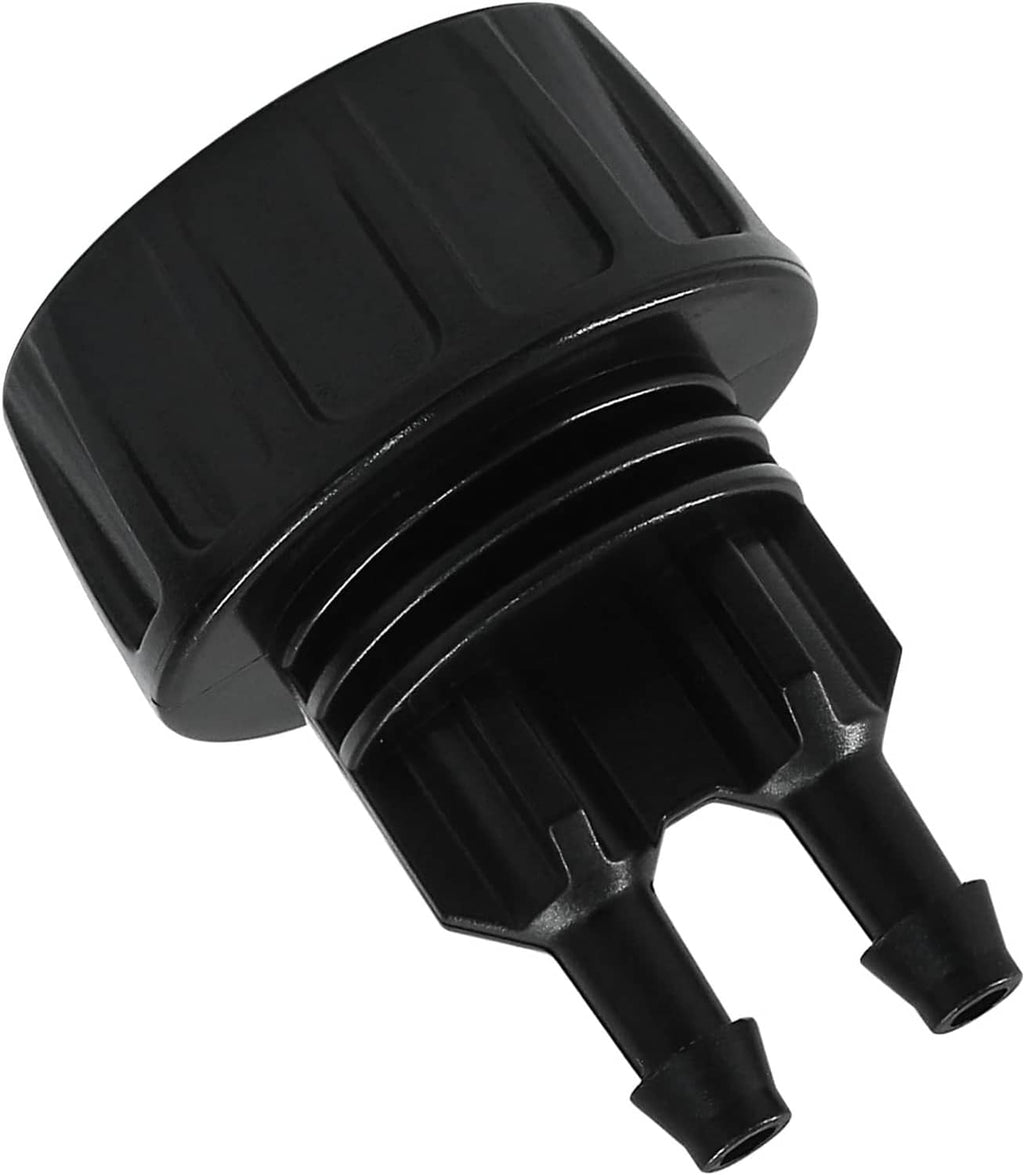 Black plastic drip irrigation adapter with dual barbed outlets, close-up