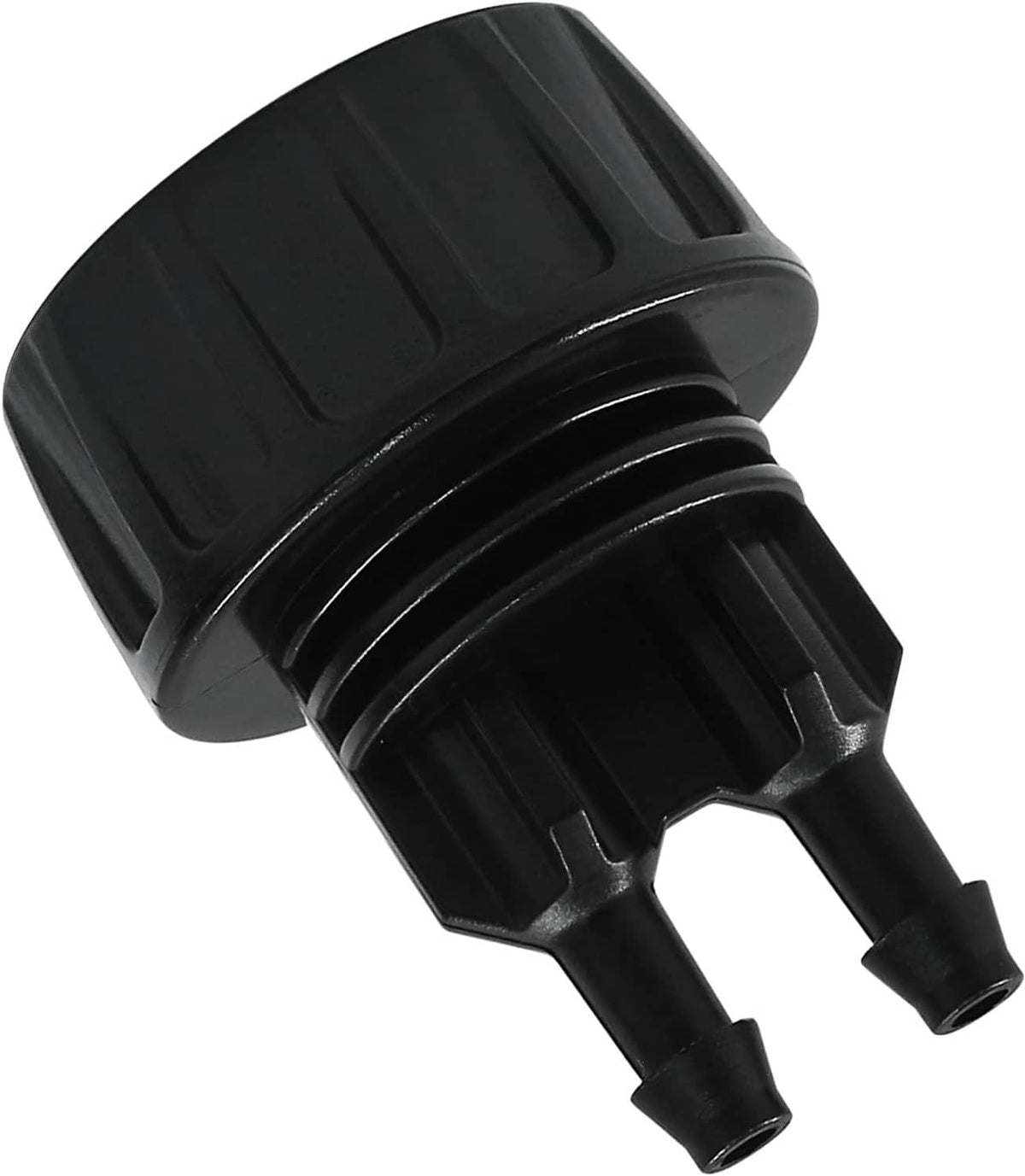 Black plastic drip irrigation adapter with dual barbed outlets, close-up