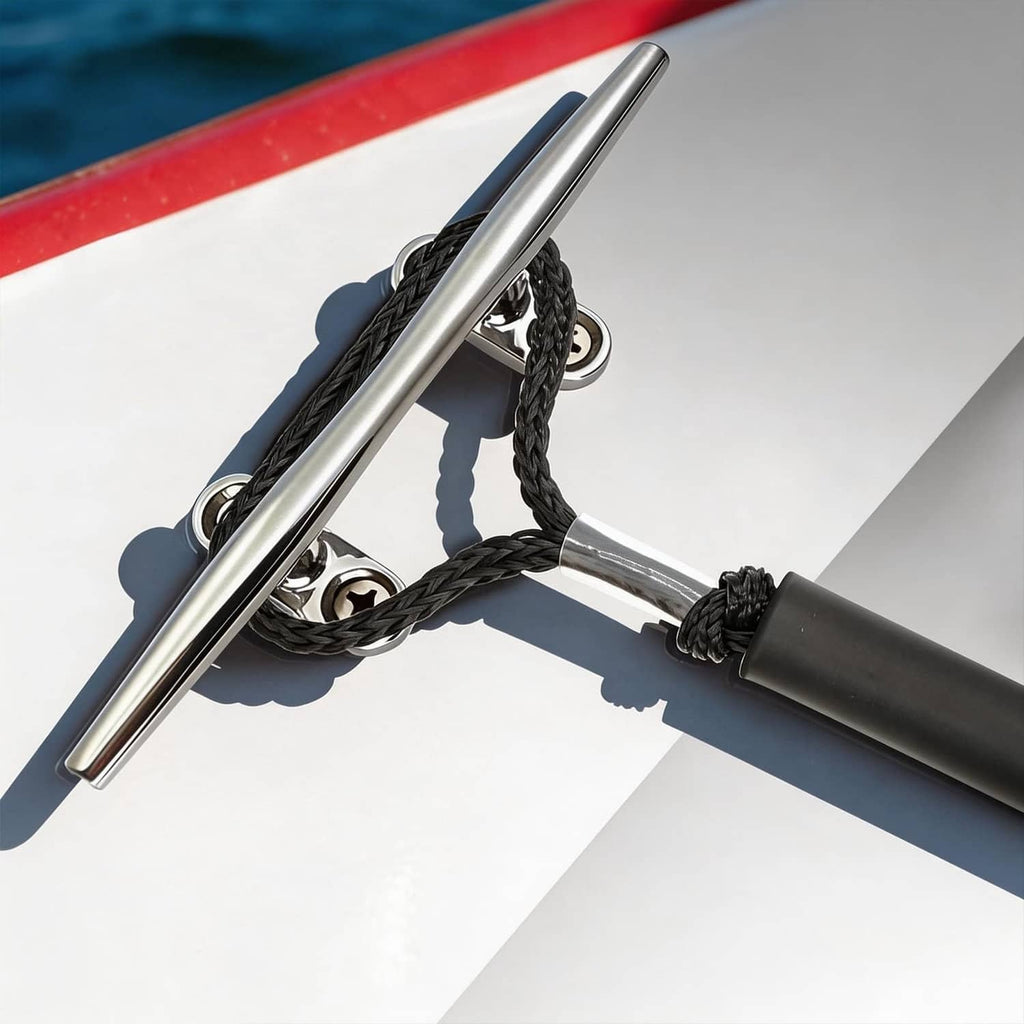 Black bungee dock line loop secured to a stainless cleat with foam sleeve